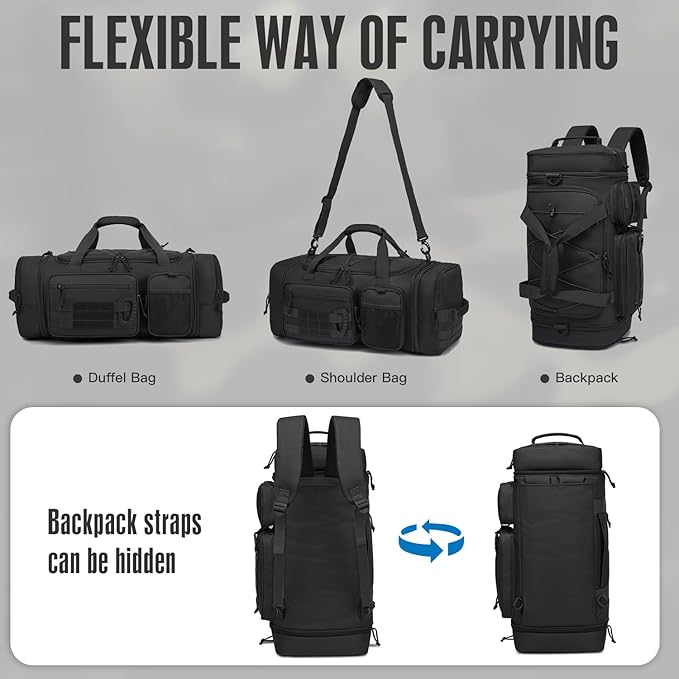 3 in 1 Tactical Gym Bag Backpack for Men 50-55L Expandable Travel Duffle Bag for Women Military Sport Duffel Bags Weekend Overnight with Shoe Compartment & Wet Pocket for Fitness, Black