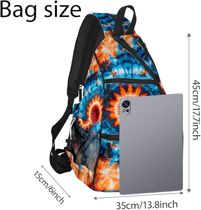 Pickleball Bag Blue Orange Tie Dye Pickle Ball Backpack for Women Men Premium Lightweight Crossbody Sling Bag Sports Backpack for Pickleball Paddle Tennis