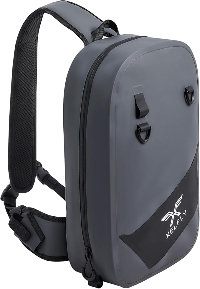 Xelfly Waterproof Fishing Sling Backpack Bag with Rod Holder, Gear Loops - Submersible Zipper, Rugged Top Handle, Adjustable Attachments (Gray)