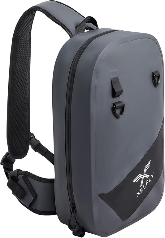 Xelfly Waterproof Fishing Sling Backpack Bag with Rod Holder, Gear Loops - Submersible Zipper, Rugged Top Handle, Adjustable Attachments (Gray)