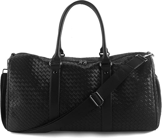 Weekender Bags for Women Woven Leather Travel Duffel Bag with Shoe Compartment, Carry On Garment Bag for Men Women, Large Capacity Water-resistant Gym Tote (Black)