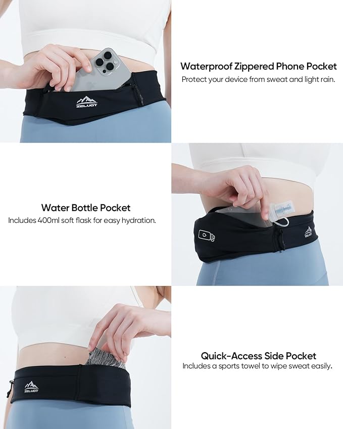 Zelvot Running Belt with 400ml Soft, Adjustable Running Fanny Pack with Phone Holder and Gym Towel, Waterproof Belt Bag for Women Men for Jogging Hiking Marathon (Pink, Small)