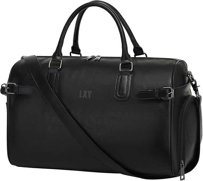 Vegan Leather Duffle Bag, LXY Travel Duffle Weekender Bag with Shoe Compartment, Duffel Overnight Gym Bags for Women Men Black