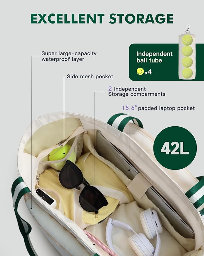 Durable Tennis Gym Tote Bag for Women & Men Sports Duffle Bag with Shoe Compartment & Wet Pocket Fence Hook Extra Ball Pocket Fits 2 Rackets and 15.6" Laptop Overnight Weekend Bag