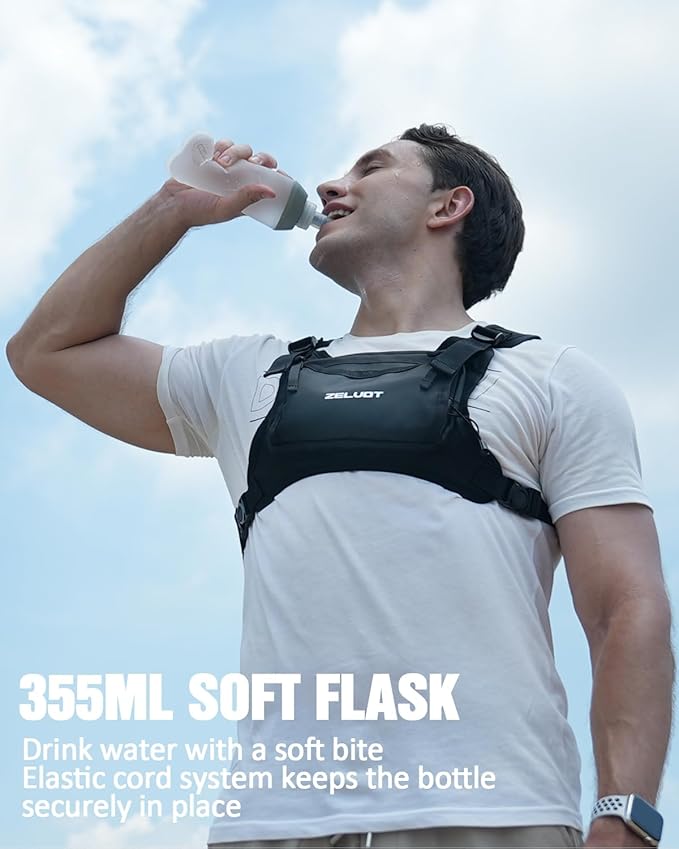 Zelvot Running Vest with 350ml Soft Flask, Lightweight Adjustable Chest Pack with 4 Pockets, Reflective Chest Bag for Women Men for Trail Running, Hiking, Cycling, Marathon