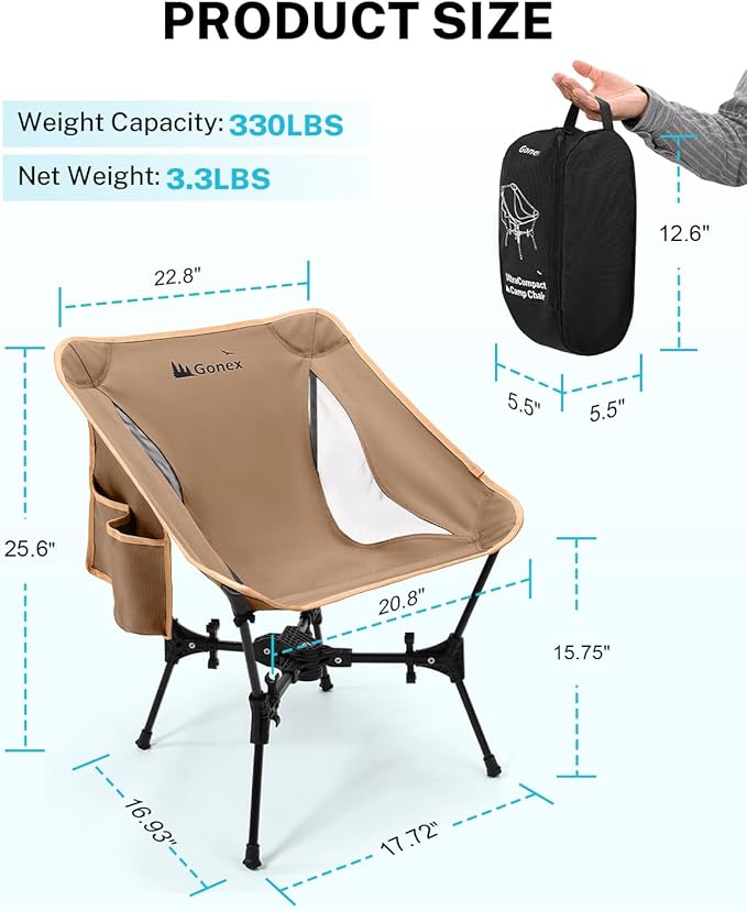 Gonex Portable Camping Chair, The 5th Gen Ultralight Compact Backpacking Foldable Lightweight Folding Chair for Outdoor Camp Hiking Beach Picnic Concert, Supports 330lbs (Khaki, 2 PCS)