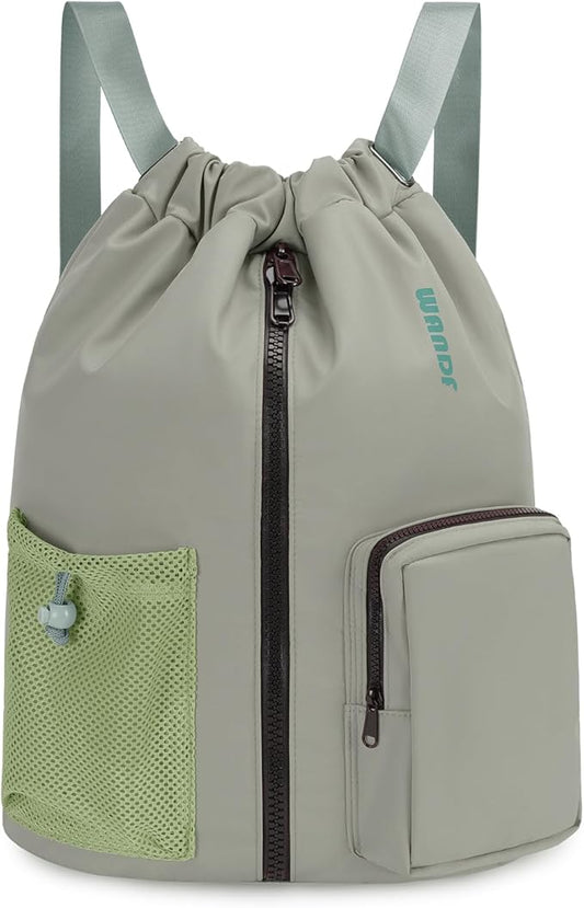 WANDF Drawstring Backpack Sports Gym Bag with Shoes Compartment, Water-Resistant String Beach Sackpack Swim Bag for Women and Men (Dark Green)