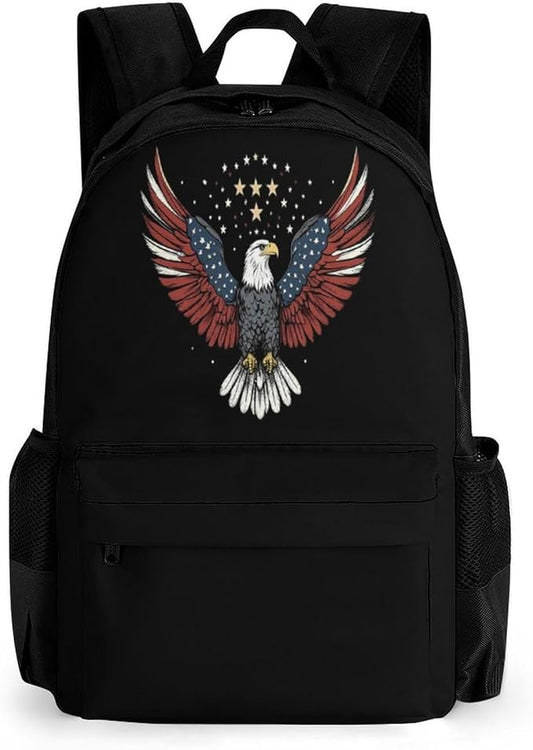 Black Backpack for Travel College Work Airplane Accessories, Bag with Sturdy Strap, Portable American Flag And Bald Eagle Patriotic Black Laptop Bags for Adult