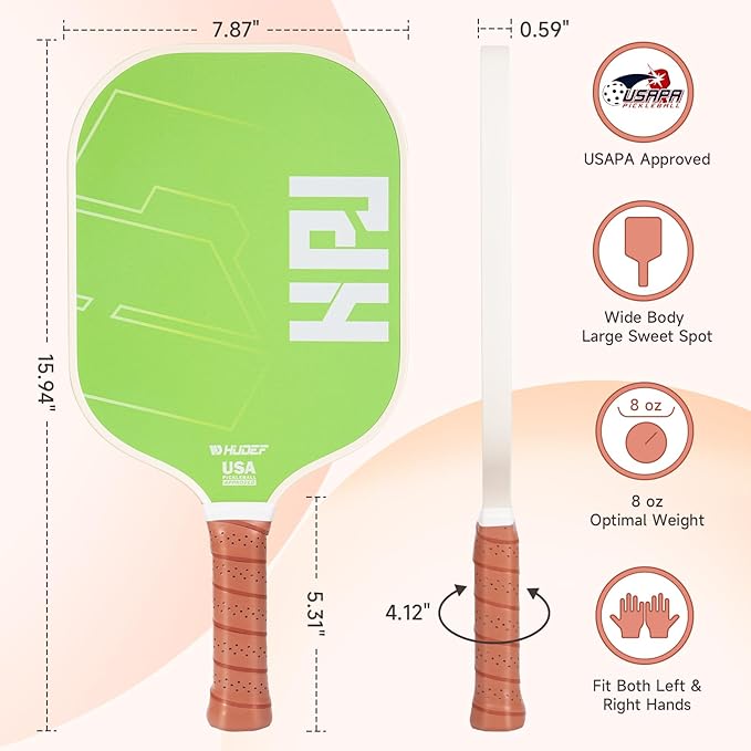 HUDEF USAPA Pickleball Paddles Set: Graphite & Fiberglass Honeycomb Core, 4 Outdoor Balls, PU Leather Carry Bag