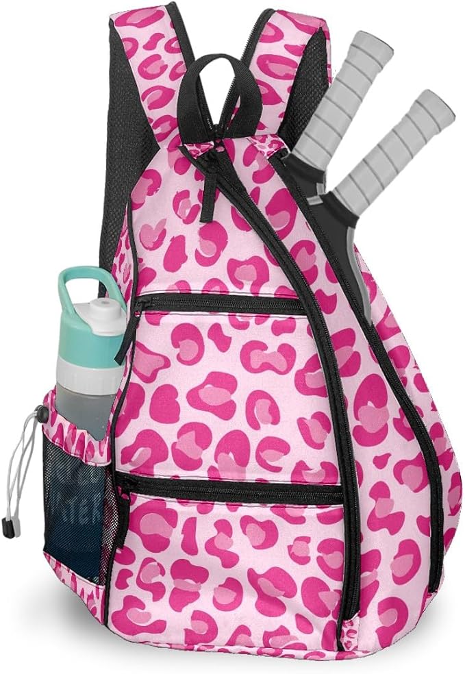 Pickleball Bag Pink Leopard Print Pickle Ball Backpack for Women Men Premium Lightweight Crossbody Sling Bag Sports Backpack for Pickleball Paddle Tennis