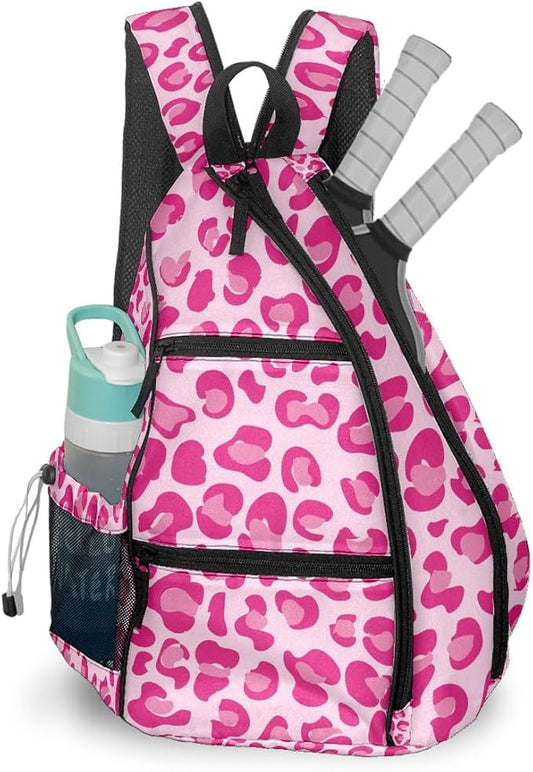 Pickleball Bag Pink Leopard Print Pickle Ball Backpack for Women Men Premium Lightweight Crossbody Sling Bag Sports Backpack for Pickleball Paddle Tennis