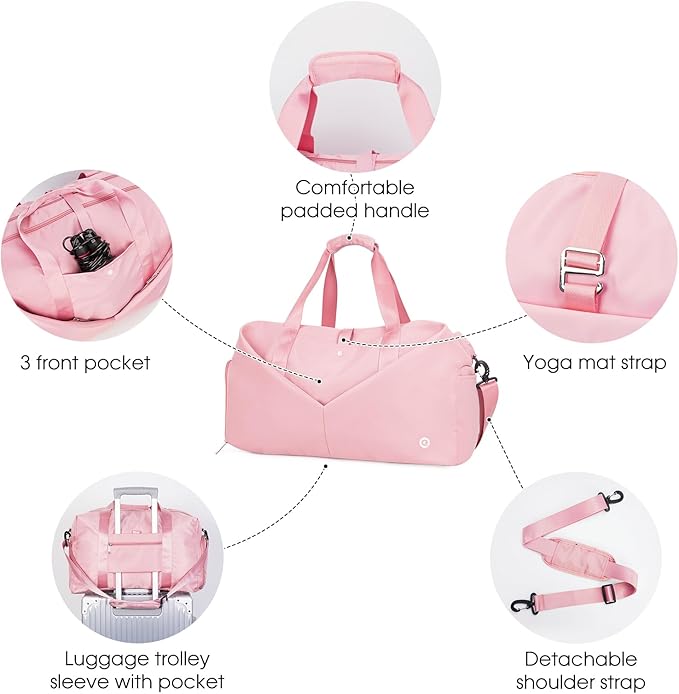 Ceneda 20" Gym Bag for Women with Wet Pocket & Shoe Compartment, Lightweight Duffel Waterproof Carry On Duffle for Travel, Yoga, Overnight (Pink)
