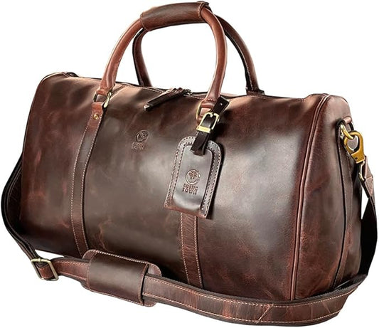 Leather Holdall Bags for Men - Travel Overnight Duffle - Weekend Carry On Suitcase - Underseat Flight Cabin Duffel Bag, Mulberry, L, Leather Overnight Bags for Men