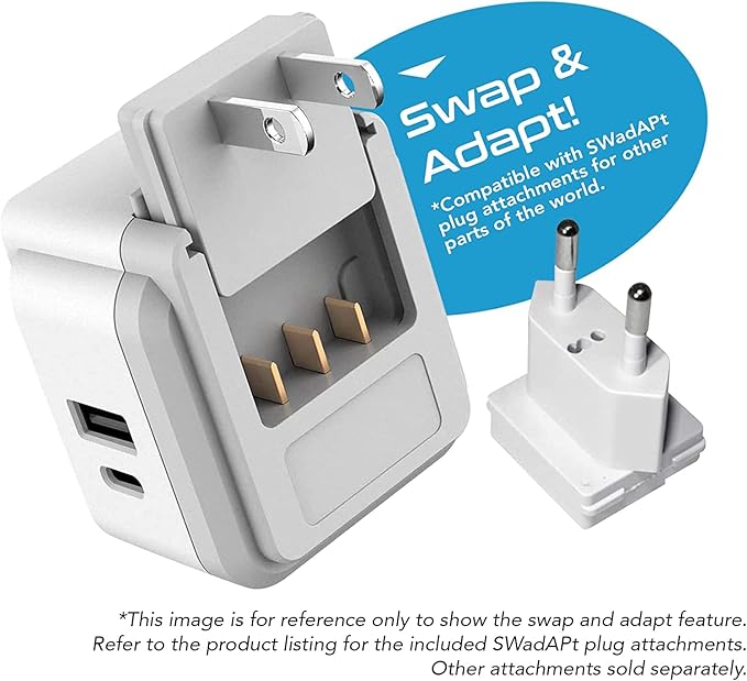 Ceptics Japan, Philippines Power Travel Plug Adapter Set, 20W PD & QC, Safe Dual USB & USB-C 3.1A - 2 USA Socket - Compact - Use in USA, Bahamas, Canada Includes Type A, Type B Swadapt Attachments