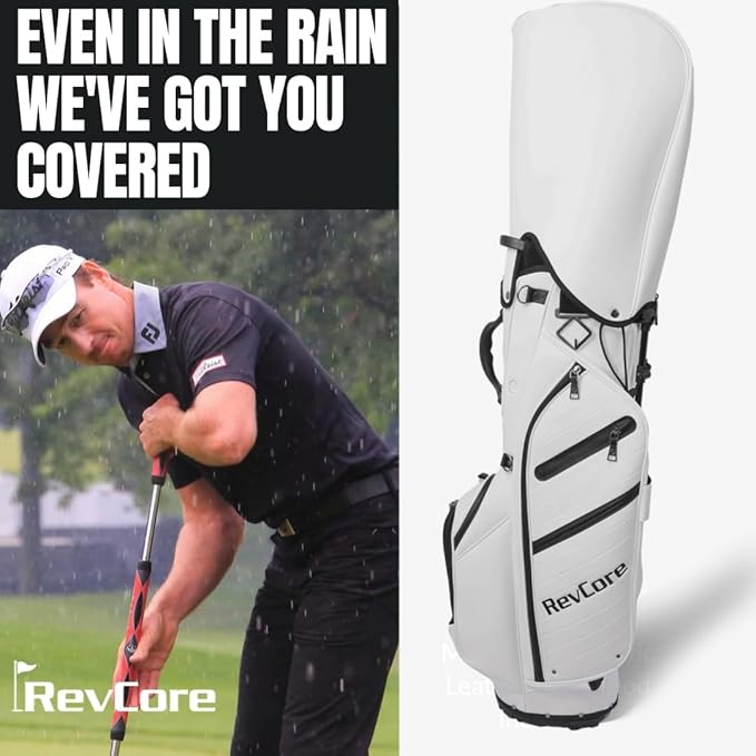 RevCore LT Lightweight Golf Stand Bag by CaddyDaddy – Premium Synthetic Leather Carry Golf Bag for Men & Women with 5-Way Divider, Cooler Pocket, Dual Strap – Golf Bag with Stand