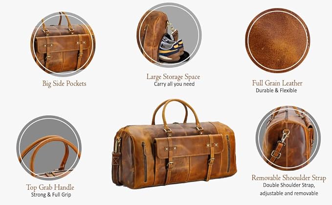 KomalC 24 Inch Leather Duffle Bags for Men and Women Travel Overnight Weekend Bag Sports Gym Duffel for Men (Tan with Shoe pocket)