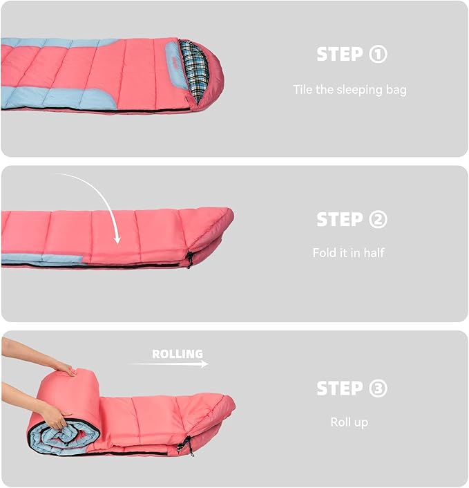 Cotton Flannel Lined Sleeping Bag for Adults Teens Kids, Cold Weather &Warm, 3 Seasons, Lightweight Compact Camping Essentials Equipment, Hiking, Outdoor, Travel