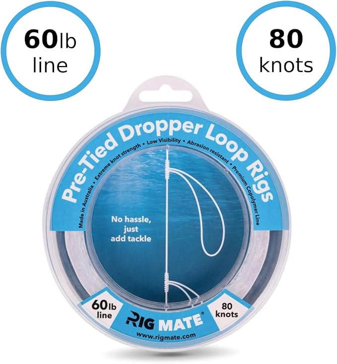 60 lb Pre-Tied Dropper Loop Rigs. Fishing Line Spool. Loops 18 Inches Apart with 5.5 Inch Loop Size. Perfect for Saltwater & Freshwater Fishing. Perfect for Snapper & Other Bottom Feeding Fish.