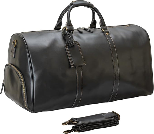 Leather Duffle Bags for Men with Shoe Compartment – 23.6" x 12.6" x 11" Travel Bag, Gym Bag, Also Suitable for Crossbody or Shoulder Carry, Black Large Size