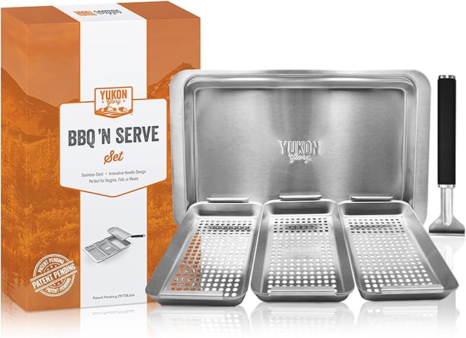 Yukon Glory BBQ Vegetable Grill Basket Set, Stainless Steel, 3 Baskets with Drip Tray & Removable Handle for Fish, Shrimp & Veggies