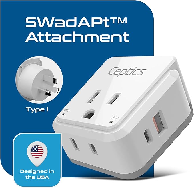 Ceptics Australian Travel Adapter Set, 20W PD & QC, Type I-3.1A - 4 in 1-2 USA Inputs, 1 USB Port, 1 USB-C Port - Australian New Zealand Fiji Argentina, Compact - Adapter Australia-Compatible Plug