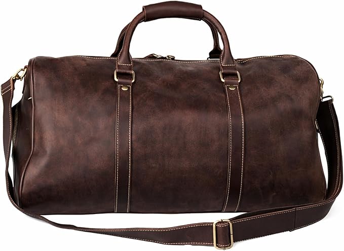 Vintage Crazy Horse Leather Travel Duffel Bag with Shoe Compartment Multi-Carry Duffle +Brass Anti-Scratch Feet/Business/Casual/Travel(5096-Brown)