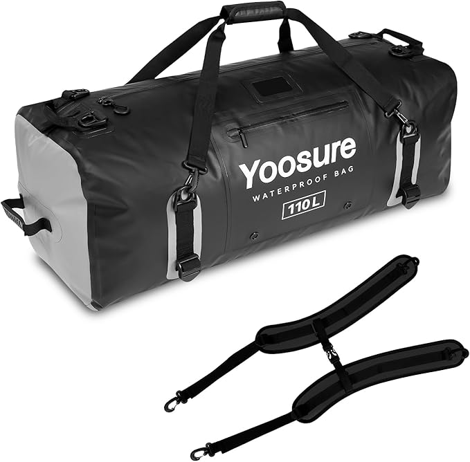 110L Waterproof Duffel Bag 35IN - Airtight Zipper Dry Bags, Extra Large Dry Bag with Straps&Handles for Camping Boating Kayaking Rafting Canoeing Gym Beach Car Roof Storage (Black)