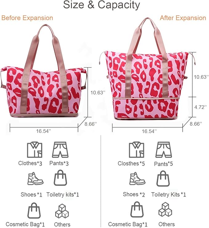 Expandable Weekender Duffel Sport Gym Bag Overnight Travel duffle Bags with Wet Pocket X1-Pink Cow