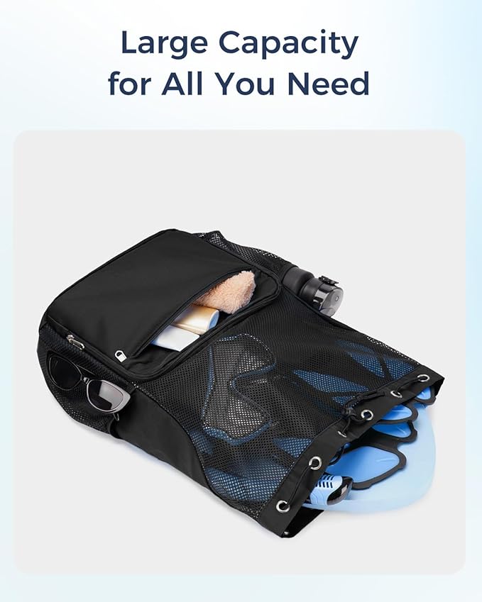 Drawstring Backpack Sports Gym Bag with Wet Pocket Swim Bag Mesh Drawstring Backpack with Shoe Compartment Beach Sackpack for Swimming, Workout Gear (Black)