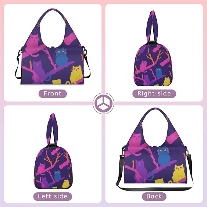 Yoga Gym Bag for Women, Cute Cat Gym Bag with Yoga Mat Holder, Purple Duffel Bag, Sport Bag with Shoe Compartment and Wet Dry Storage Pockets, Suitable for Gym, Travel, Pilates and Beach