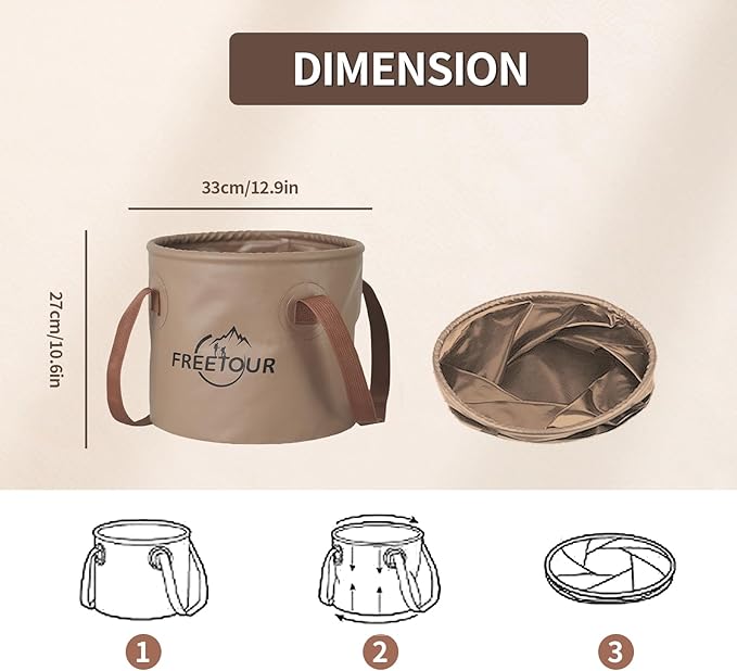 Baiao Collapsible Bucket 5 Gallon, Portable Collapsible Bucket with Handle, Folding Water Container for Fishing Camping Beach Hiking Home Travel Car Washing(Khaki 20L)