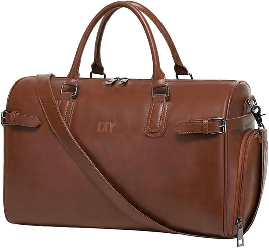 Vegan Leather Duffle Bag, LXY Travel Duffle Weekender Bag with Shoe Compartment, Duffel Overnight Gym Bags for Women Men Brown