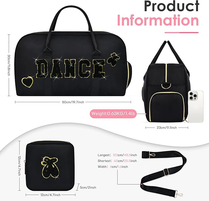 Dance Bag for Girls 2PCS Ballet Cheer Bag with Shoes Compartment Chenille Letter Embroidery for Dancer Travel Overnight bag
