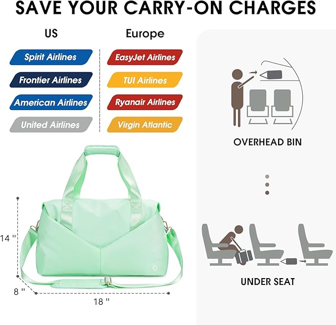 Ceneda 17" Gym Bag for Women with Wet Pocket & Shoe bag, Lightweight Duffel Waterproof Carry On Duffle for Travel, Yoga, Overnight (Light Green)