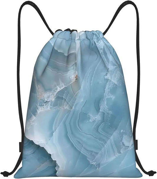 Blue Marble Pattern Drawstring Backpack Bag - Sports Gym Sack For Women Men