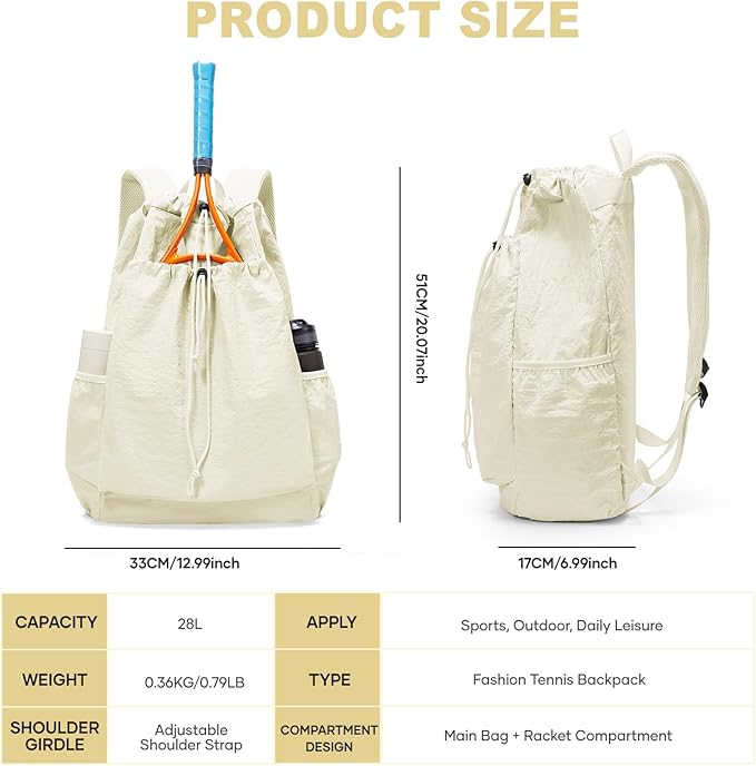 coofay Tennis Bags for Women Men Pickleball Bag Beach Tennis Racket Bag Drawstring Pickleball Tennis Backpack Badminton Bags