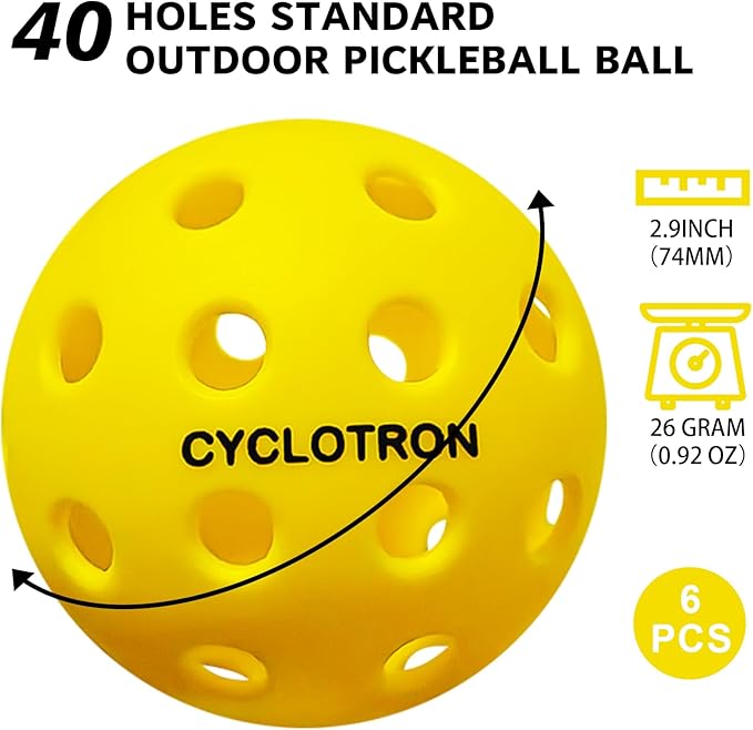 cyclotron 6-Pack Premium Pickleball Balls - USAP Approved, 40 Holes Outdoor/Indoor Pickle Balls with Bag, Perfectly Balanced, High Bounce True Flight, Pickle Ball for Tournament Play