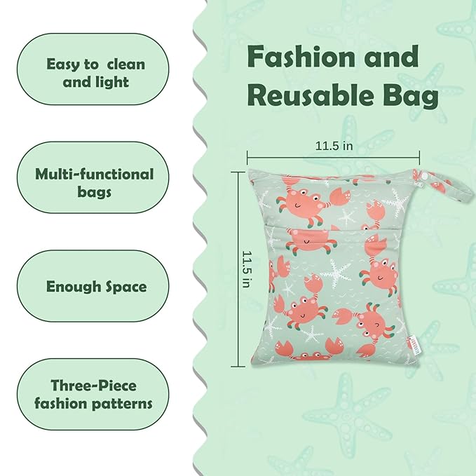 ALVABABY 3pcs Cloth Diaper Wet Dry Bags Waterproof Reusable with Two Zippered Pockets Travel Beach Pool Daycare Soiled Baby Items Yoga Gym Bag for Swimsuits or Wet Clothes 3L-ZM15A