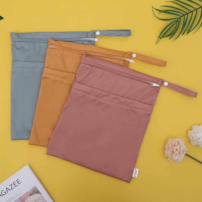 ALVABABY 3pcs Cloth Diaper Wet Dry Bags Waterproof Reusable with Two Zippered Pockets Travel Beach Pool Daycare Soiled Baby Items Yoga Gym Bag for Swimsuits or Wet Clothes 3L-ZM11