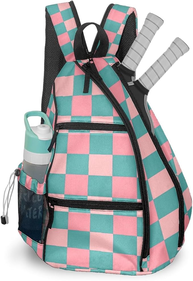 Pickleball Bag Pink Teal Checkered Pickle Ball Backpack for Women Men Premium Lightweight Crossbody Sling Bag Sports Backpack for Pickleball Paddle Tennis