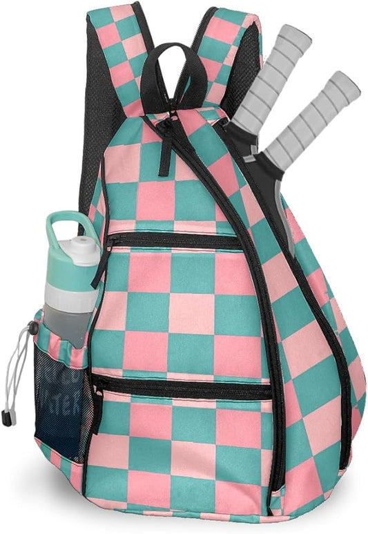Pickleball Bag Pink Teal Checkered Pickle Ball Backpack for Women Men Premium Lightweight Crossbody Sling Bag Sports Backpack for Pickleball Paddle Tennis