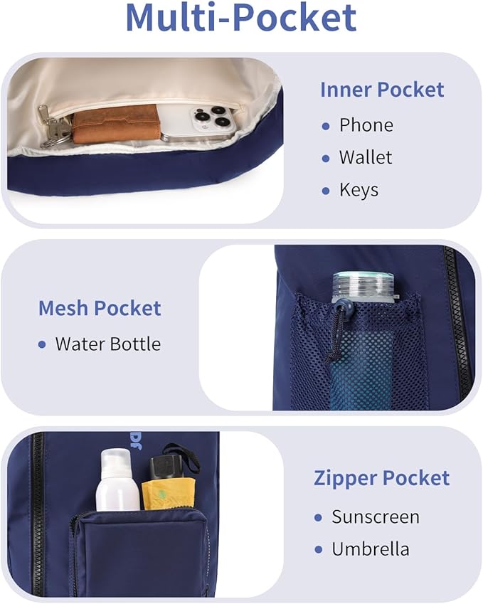 WANDF Drawstring Backpack Sports Gym Bag with Shoes Compartment, Water-Resistant String Beach Sackpack Swim Bag for Women and Men (Navy Blue)