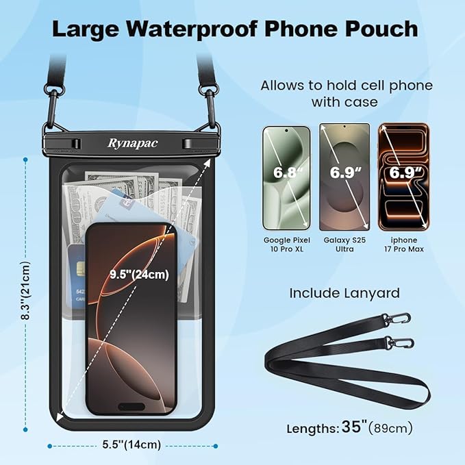 [Up to 10"] Large Waterproof Phone Pouch Bag - 2 Pack IPX8 Waterproof Phone Case for iPhone 17 16 15 Pro Max Galaxy S25 S24 Ultra, Touchscreen & Underwater Photography, Beach Cruise Travel Essentials