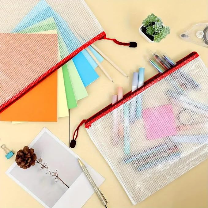 Mesh Zipper Pouch Bag,A3 Zipper Bag for Organizing Storage, Waterproof Zipper Pouch, 17" x 12"/44cm x 32cm, File Bag for School and Office Supplies (Red)