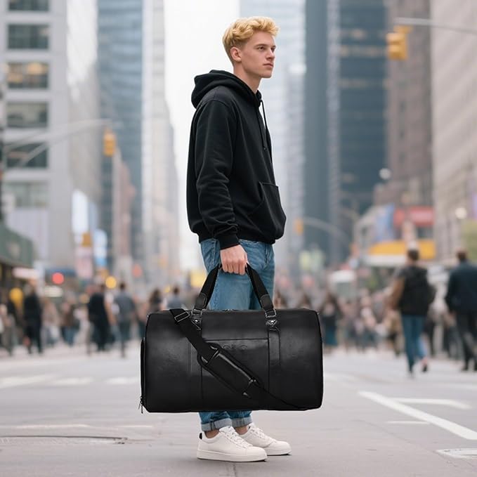 3-in-1 Leather Duffle Bag with Toiletry and Shoe Compartment, Weekender Overnight Gym Bag for Men and Women, Carry On Fits Most 15.6 Inch Laptops(Black)