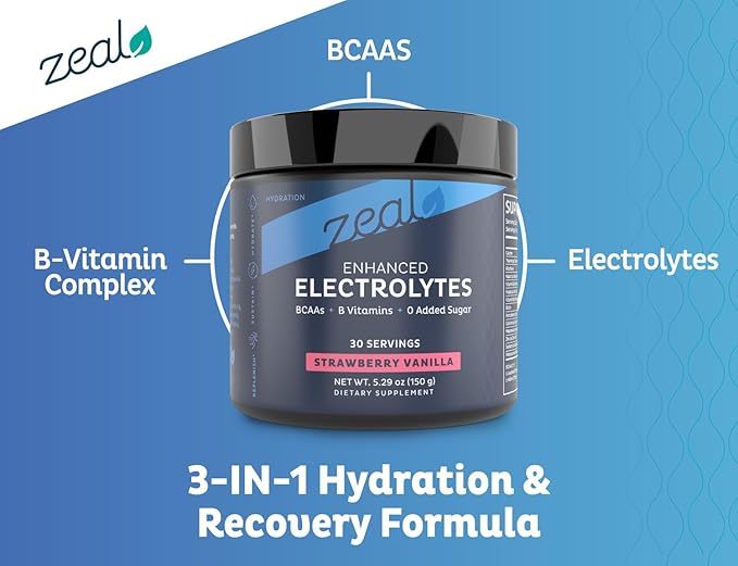 Zeal Electrolyte Powder - 30 Servings | Keto Electrolytes Powder | Zero Sugar, BCAAs, B-Vitamins | Potassium, Zinc, Magnesium | Hydration Powder Recovery Drink | Strawberry Vanilla