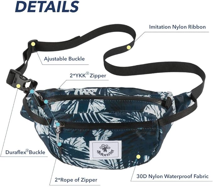 4Monster Hiking Waist Packs Portable,Water Resistant Fanny Bag with Adjustable Strap,Lightweight Crossbody Chest Bag Slim Bag