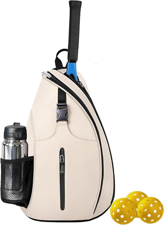 Beige Pickleball Sling Bag - Lightweight Crossbody Design Holds 2 Paddles & 6 Balls - Ventilated Water Bottle Holder, Multiple Compartments - Fit for Drills, Casual Play & Travel