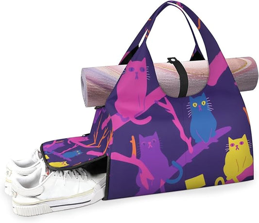 Yoga Gym Bag for Women, Cute Cat Gym Bag with Yoga Mat Holder, Purple Duffel Bag, Sport Bag with Shoe Compartment and Wet Dry Storage Pockets, Suitable for Gym, Travel, Pilates and Beach
