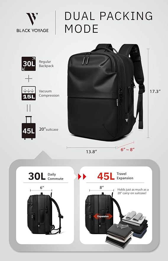 BlackVoyage Vortex Vacuum Seal Travel Backpack 60L Expandable Air Compression System Water Resistant TSA Lock Carry-On Suitcase Luggage Black AERO Lite - Vacuum Pump Included